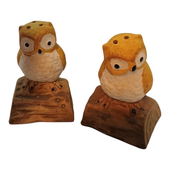 Owl Salt And Pepper Shakers Vintage On A Log Made In Taiwan Ceramic Bird 3" Tall - Picture 7 of 10